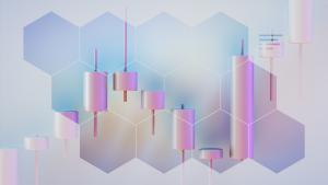 Cylinders arranged like a bar chart viewed through transparent 12 hexagons