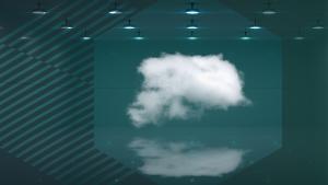 Foto einer Wolke, überlagert von einem Sechseck und beleuchtet von Deckenspots vor einem grünen Hintergrund