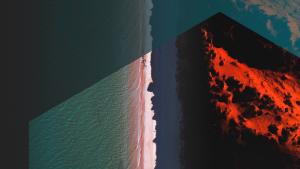 Graphic collage of layers of color, jagged edges of ocean waves and rocky cliffs