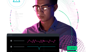 Individual with layered graphics placed in the background and foreground