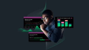 Ein Mann, umgeben von drei Diagrammen, die die Registrierungen nach Seite, den First Input Delay (FID) und vor Kurzem ausgelöste Alerts zu fehlerhaften Links zeigen