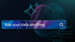 Barra de búsqueda con "Pregunte cualquier cosa a sus datos" con imágenes de datos abstractos