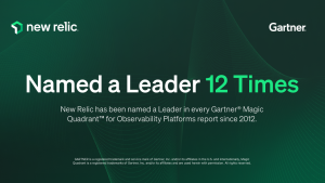 Green background with bold text: Named a Leader 12 Times; New Relic has been named a Leader in every Gartner Magic Quadrant for Observability Platforms report since 2012.