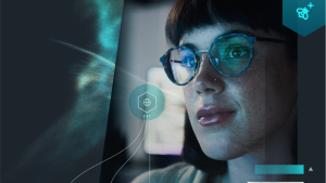 Woman wearing glasses with computer code in the glass reflection overlayed with an entity relationship flowchart and a geometric icon with a honeybee inside.