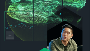 Man on laptop inside a geometric shape with a geometric icon with a robot symbol inside.