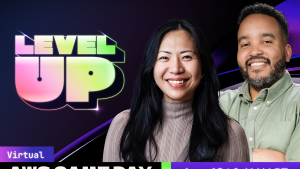 Level Up: Virtual AWS Game Day banner image with hosts Reese Lee and Spencer Taylor.