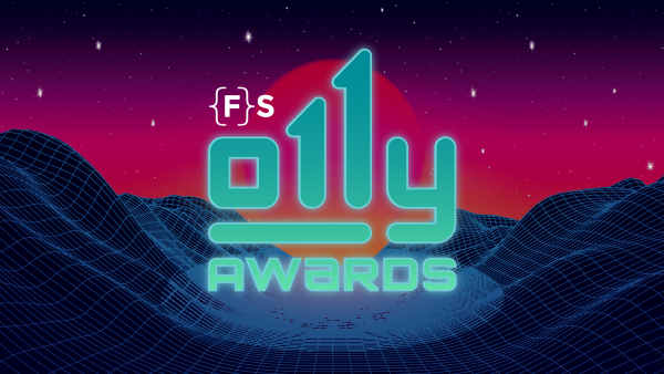 Futurestack O11y Awards in cyan and white text over a digital mountain background