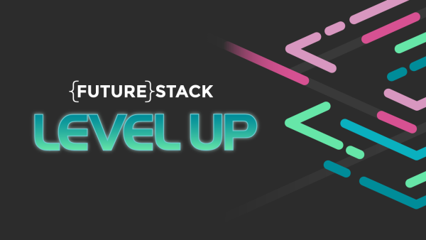 FutureStack LEVEL UP image with animated lines on the right: pink, light green, teal, blue