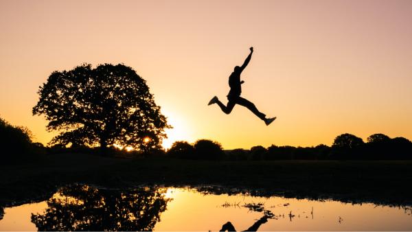 Image of a figure jumping over a lake, with the sunset and a large tree silhouetted behind