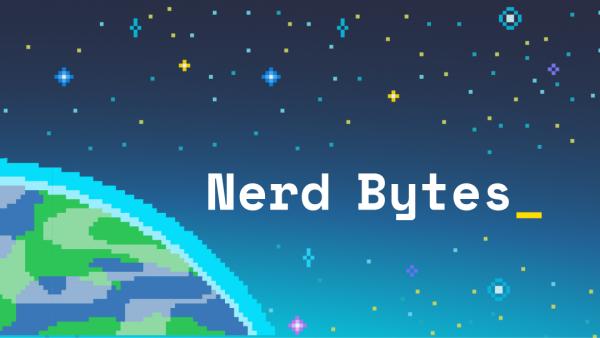 Logo with the words Nerd Bytes_ on top of a blue starry field, with a globe directly underneath and to the left