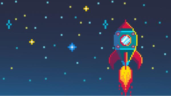 Illustration of Rocketship heading upward against a starry blue field