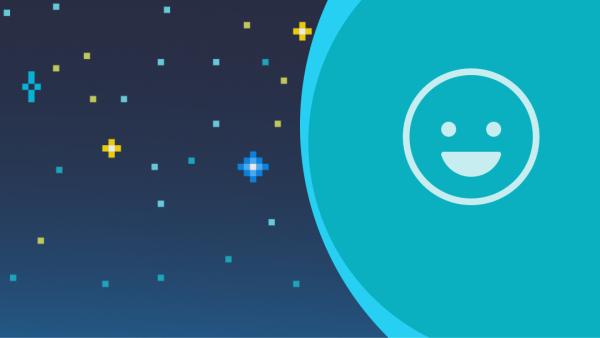 illustration of a happy face on a teal planet with a starry blue field behind