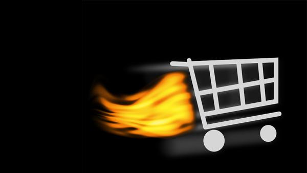 flaming shopping cart graphic on black background