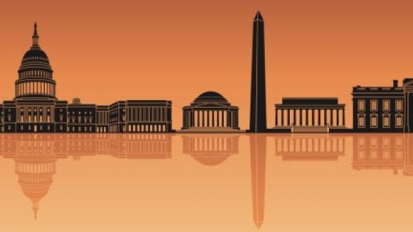 Illustration of the Washington DC Skyline in black and orange