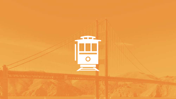 Symbol für ein San Francisco Cable Car über einem orange eingefärbtem Foto der Stadt