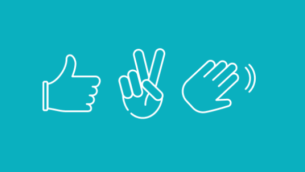 Illustration of hands in a thumbs up, peace sign, and waving position
