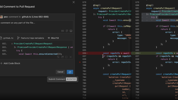 Image of CodeStream feature in a code editor - specifically making a comment for a pull request.