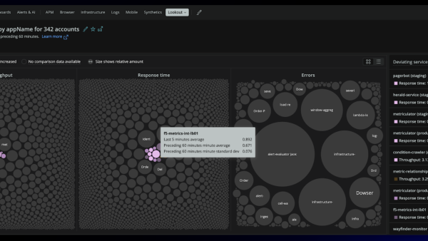 View of entire system's golden signals, with circles representing entities in New Relic's application.