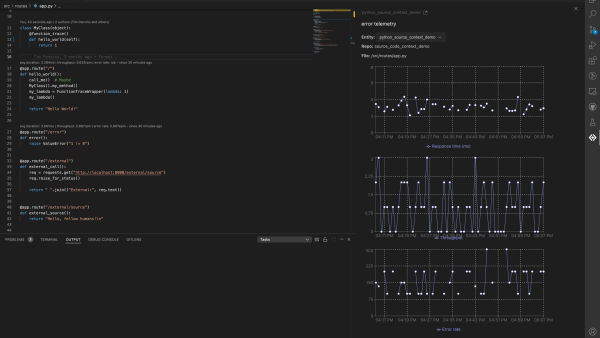 Screenshot einer IDE, in die via New Relic CodeStream Dashboards und Metrics auf Code-Ebene integriert wurden