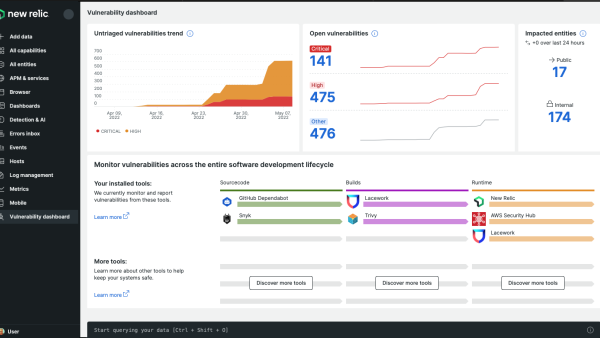 Shows security monitoring across your software lifecycle. Quantifies vulnerabilities, risk score, and reporting services.