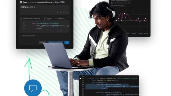Developer working with Screens of code-level metrics, observability section and PR integration.