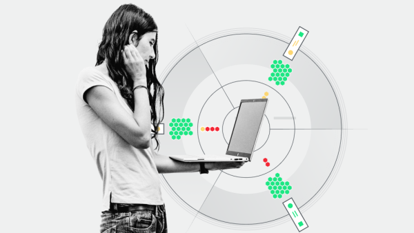 Female standing with laptop in hand with a graphic of the Kubernetes Cluster design in the background