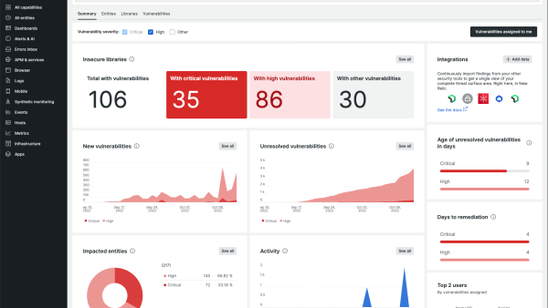 New Relic dashboard shows vulnerabilities, including high and critical vulnerabilities, as well as impacted entities.