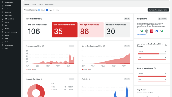 Dashboard New Relic affichant les vulnérabilités, y compris les failles graves et critiques, et les entités impactées.