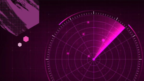 Stilisierter Radarbildschirm in Violetttönen, umgeben> von schwebenden Sechsecken