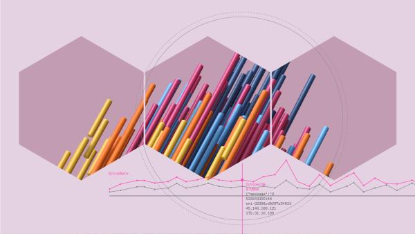 Imagen de bastones de colores dispuestos como gráfico de barras en el interior de tres hexágonos