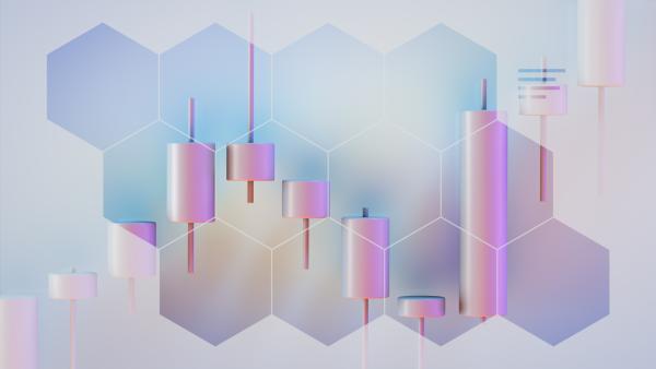 Cylinders arranged like a bar chart viewed through transparent 12 hexagons