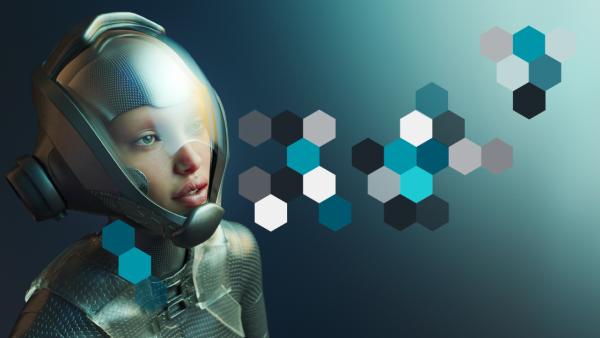 Woman in spacesuit looking into a field of hexagons.