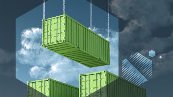 Photo of green containers lifted by a crane at a port, with blue sky and clouds