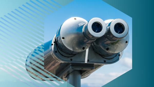 Photo of binoculars and blue sky with clouds, with hexagon graphics