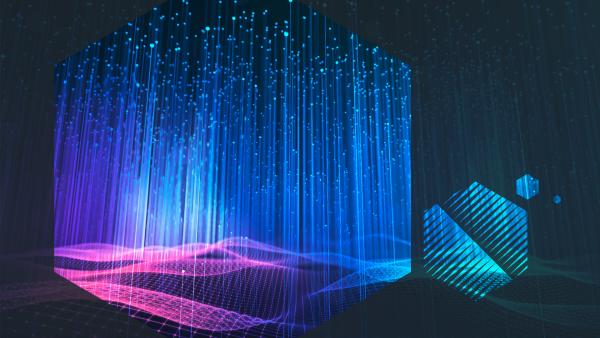 Image of 3-D charts with dots of light, bright pink, blue, and green, viewed through hexagons