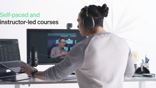 Developer at a computer doing self-paced and instructor-led courses from New Relic University