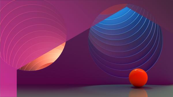 Graphic of orange and blue tunnels, and a red ball
