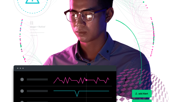 Individual with layered graphics placed in the background and foreground