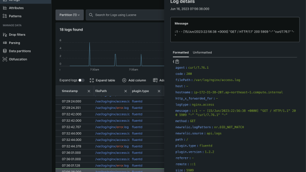 送信されたログが、New RelicのLogs UI上でどのように表示されているか確認してみましょう。