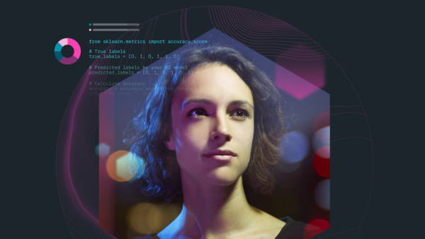 Woman with layered hexagon and code graphics
