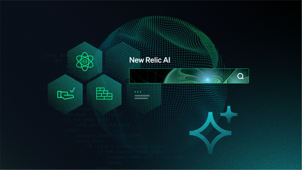 Abstract image showing New Relic AI icons, search bar, and measurement indicators