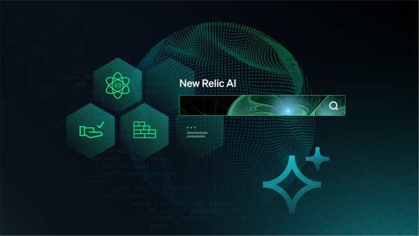 Abstraktes Bild mit New Relic AI Symbolen, Suchleiste und Messanzeigen