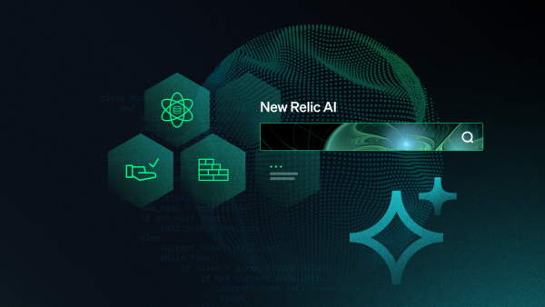 Abstract image showing New Relic AI icon, search bar, and measurement indicators