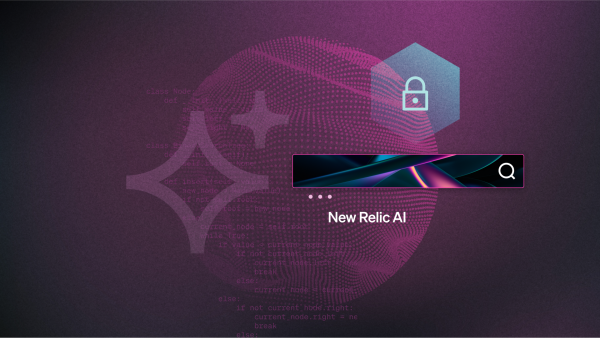Image abstraite montrant le logo, la barre de recherche et le cadenas de sécurité de New Relic AI