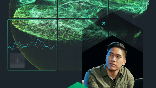 Man on laptop inside a geometric shape with a geometric icon with a robot symbol inside.