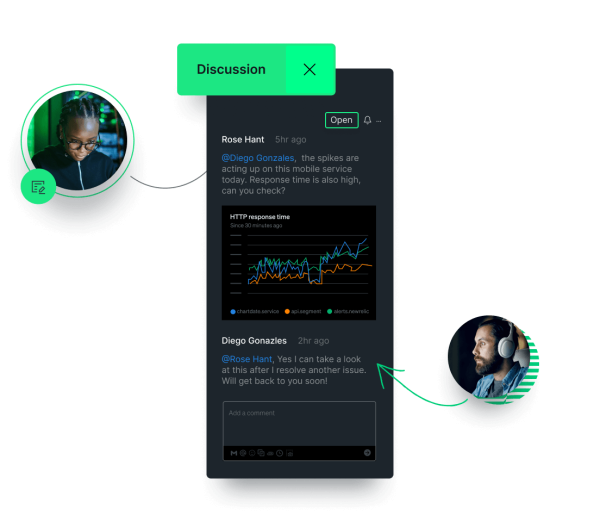 Screenshot von Nachrichtenaustausch, überlagert über Diagramm mit Daten-Spike auf Mobilgerät