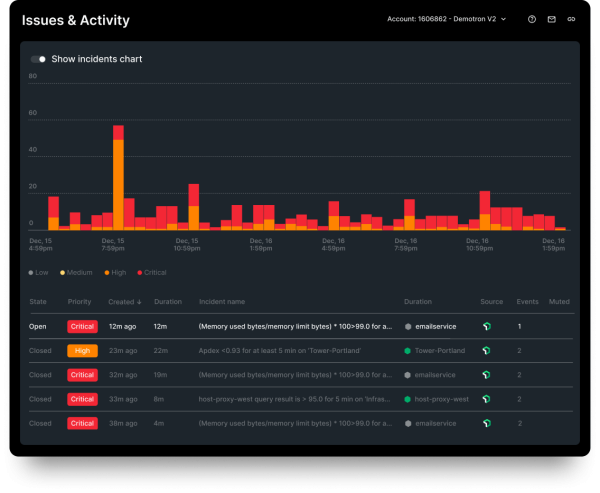 Screen showing Issues and Activity with alerts listed as critical or high