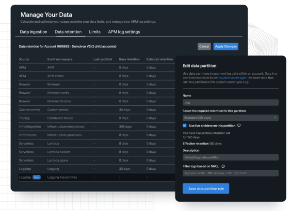 Manage your data dashboard displaying data retention