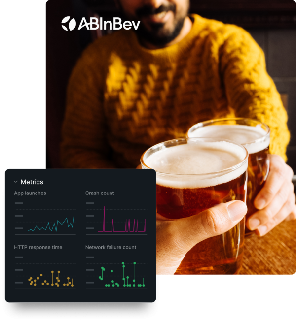 Duas pessoas brindando com copos de cerveja com o logotipo da AB InBev e um gráfico