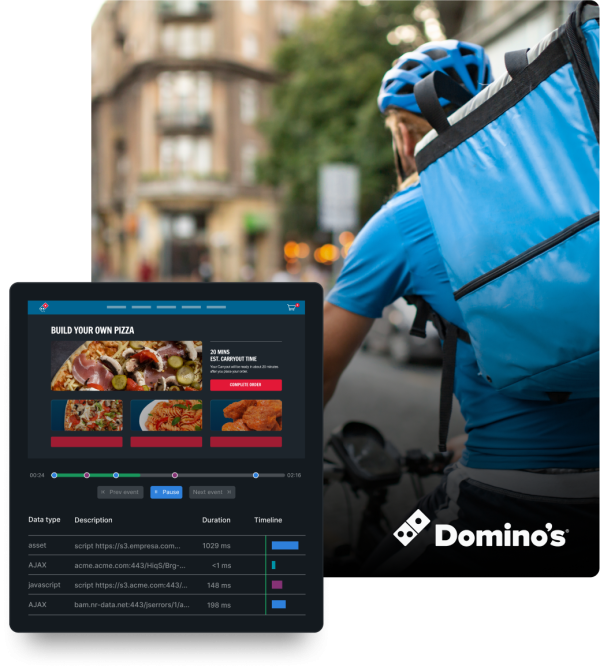 Pizza delivery biker with dominos logo and a chart